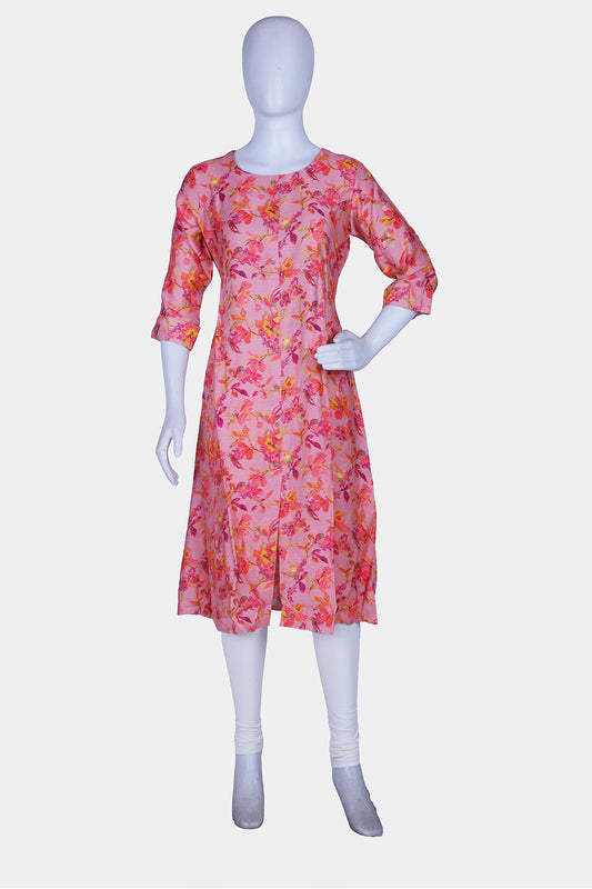 Pink Printed Rayon A-Line Kurti