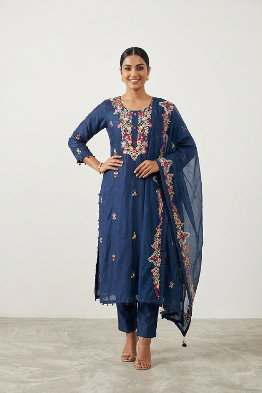 Peacock Blue Silk Kurti Pant 3 Pieces Set