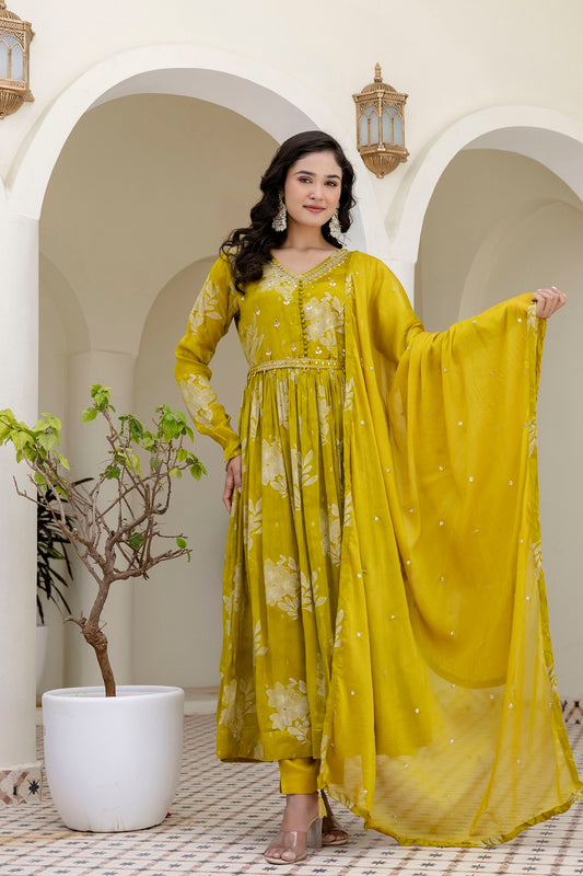 M Green Chinon Frock Kurti 3 Pieces Set