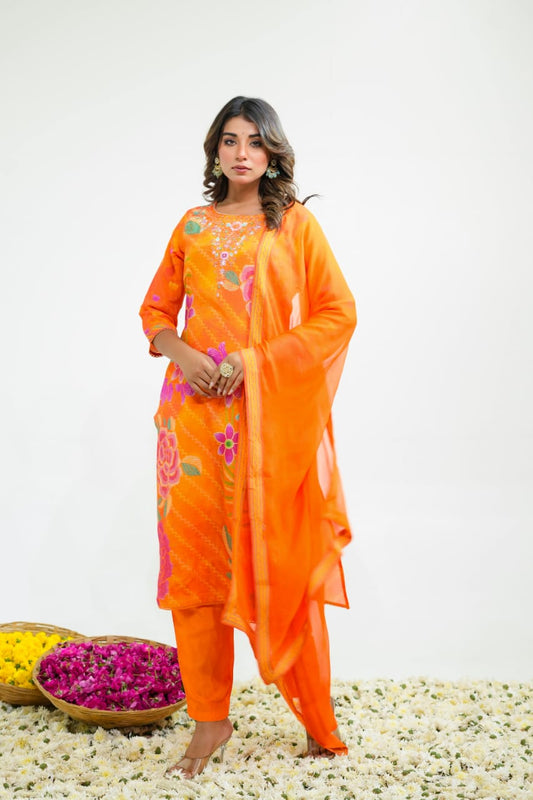 Orange Silk Straight Kurti 3 Pieces Set