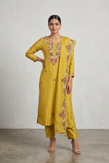 Mahendi Green Silk Embroidered Kurti 3 Pieces Set