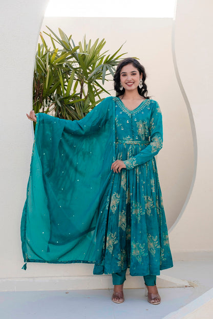 Rama Green Chinon Frock Kurti 3 Pieces Set