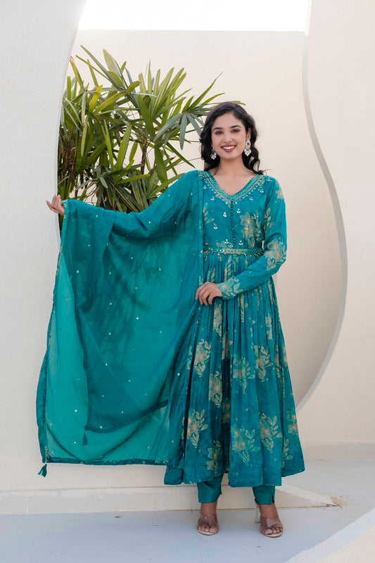 Rama Green Chinon Frock Kurti 3 Pieces Set
