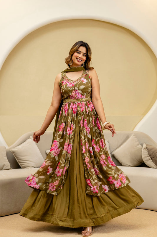 Mehandi Green Chinon Kurti 3 Pieces Set