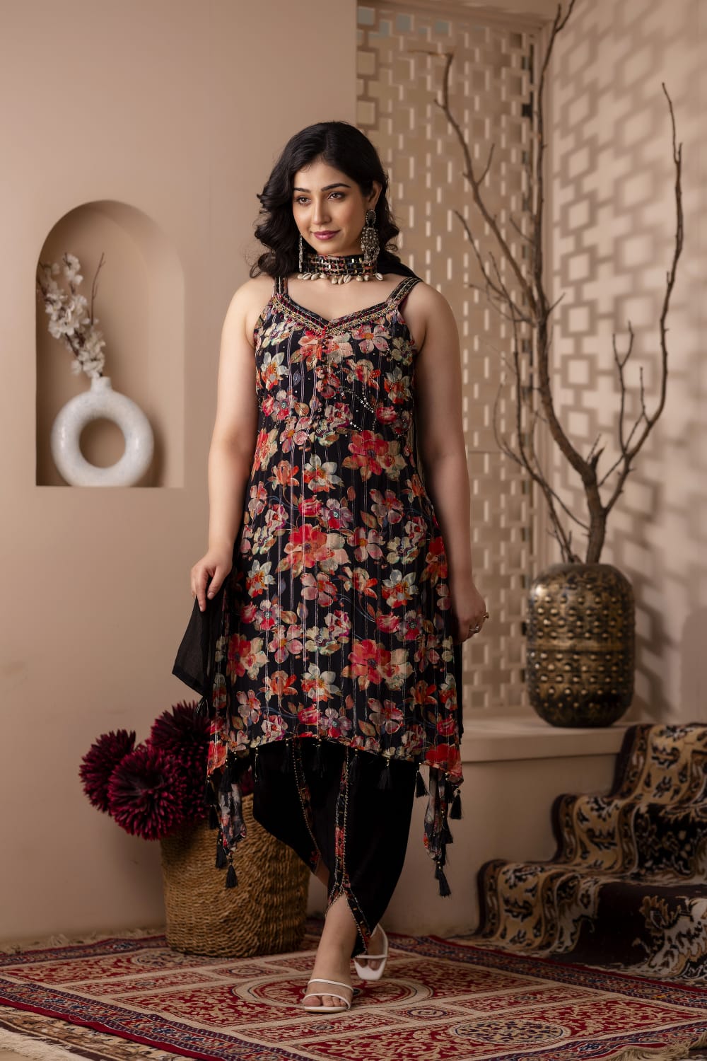 Black Strap Kurti With Dhoti And Dupatta