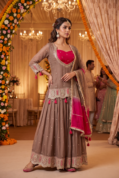 Brown Chinon Skirt Kurti 3 Pieces Set