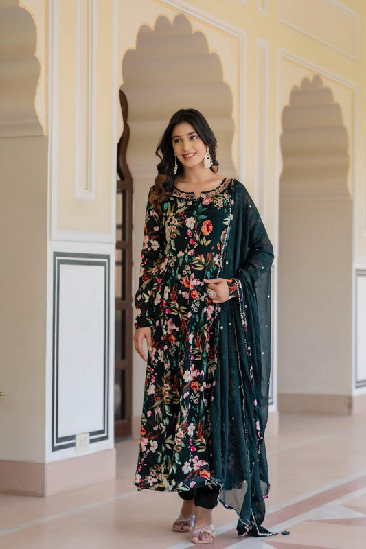Bottle Green Chinon Frock Kurti 3 Pieces Set