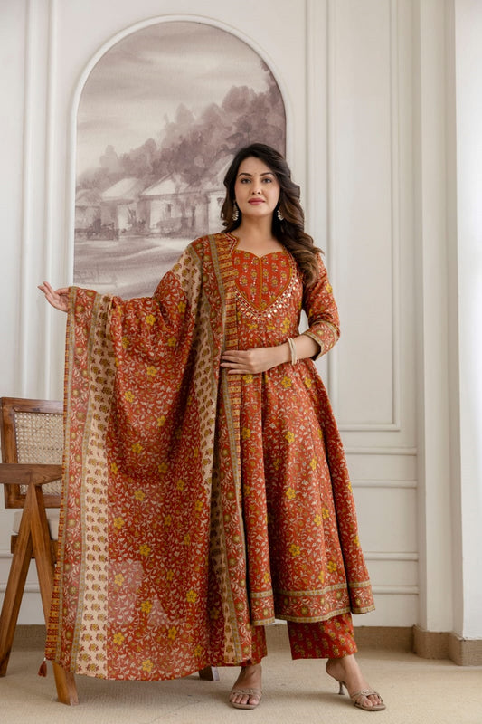 Rust Cotton Kurti Frock 3 Pieces Set