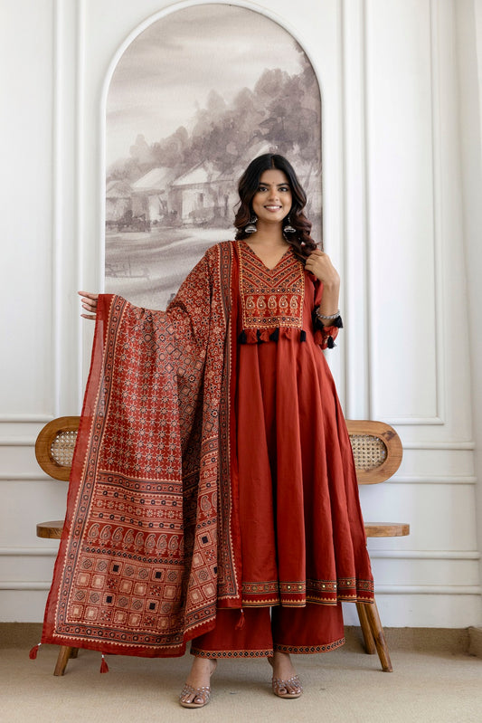 Rust Cotton Kurti Pant 3 Pieces Set