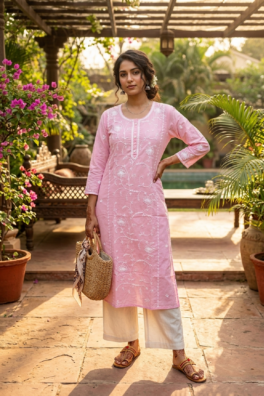 Baby Pink Cotton Aari Work Straight Kurti