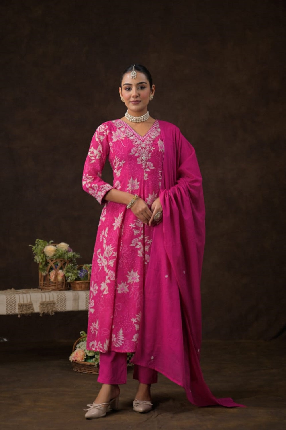 Rose Cotton Frock Kurti 3 Pieces Set