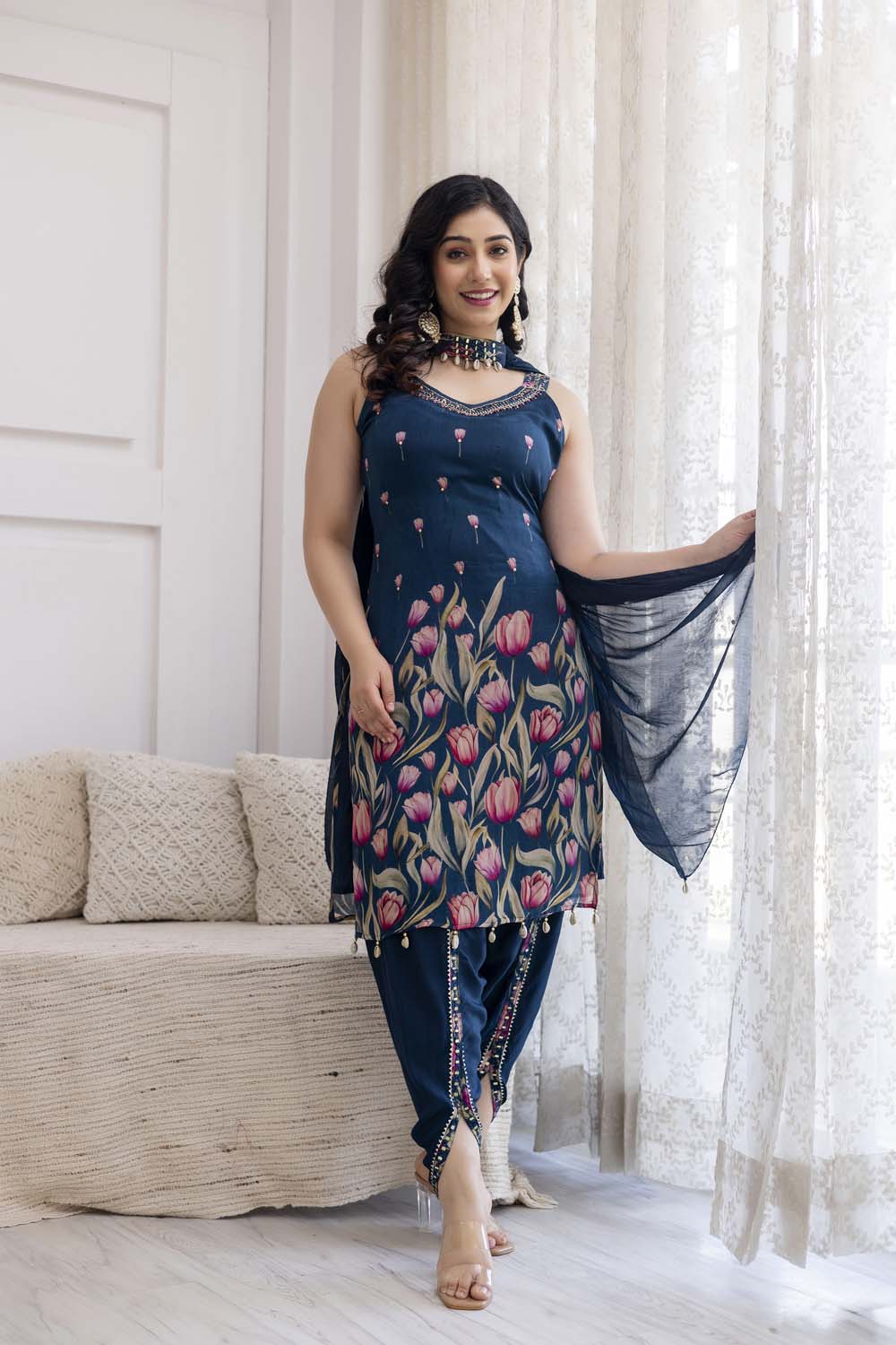 Peacock Blue Strap Kurti With Dhoti And Dupatta