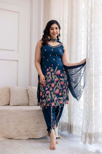 PEACOCK BLUE STRAP KURTI WITH DHOTI AND DUPATTA