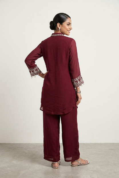 Dark Maroon Chinon Kurti Pant set