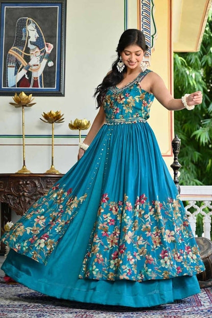 Rama Green Chinon Kurti Skirt 3 Pieces Set