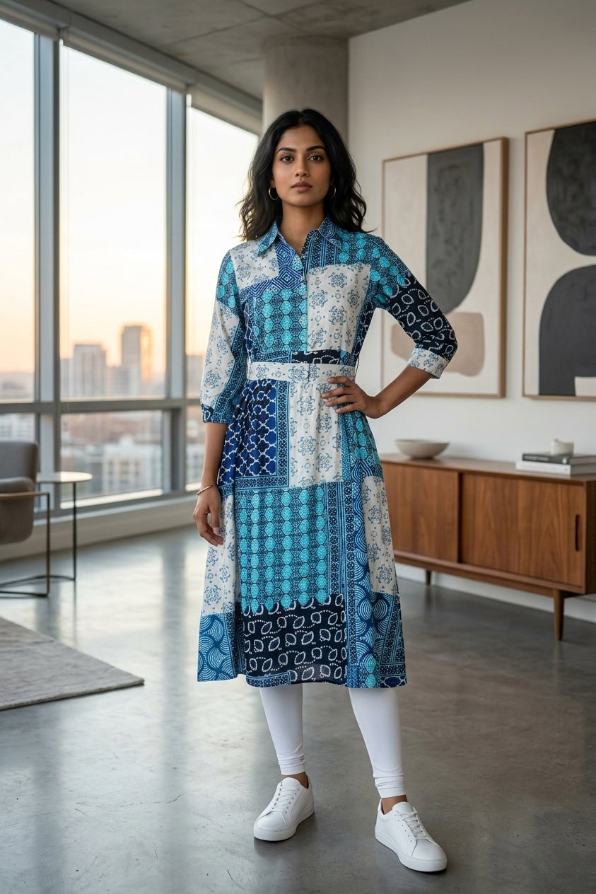 Rama Green Cotton A-line Kurti