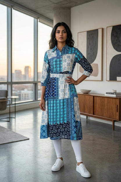 Rama Green Cotton A-line Kurti