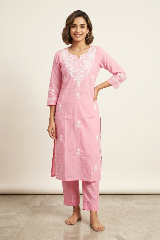 Baby Pink Cotton Kurti Pant 2 Pieces Set