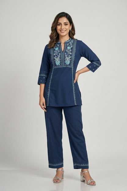 Teal Blue Cotton Kurti Pant 2 Pieces Set