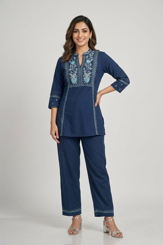 Teal Blue Cotton Kurti Pant 2 Pieces Set