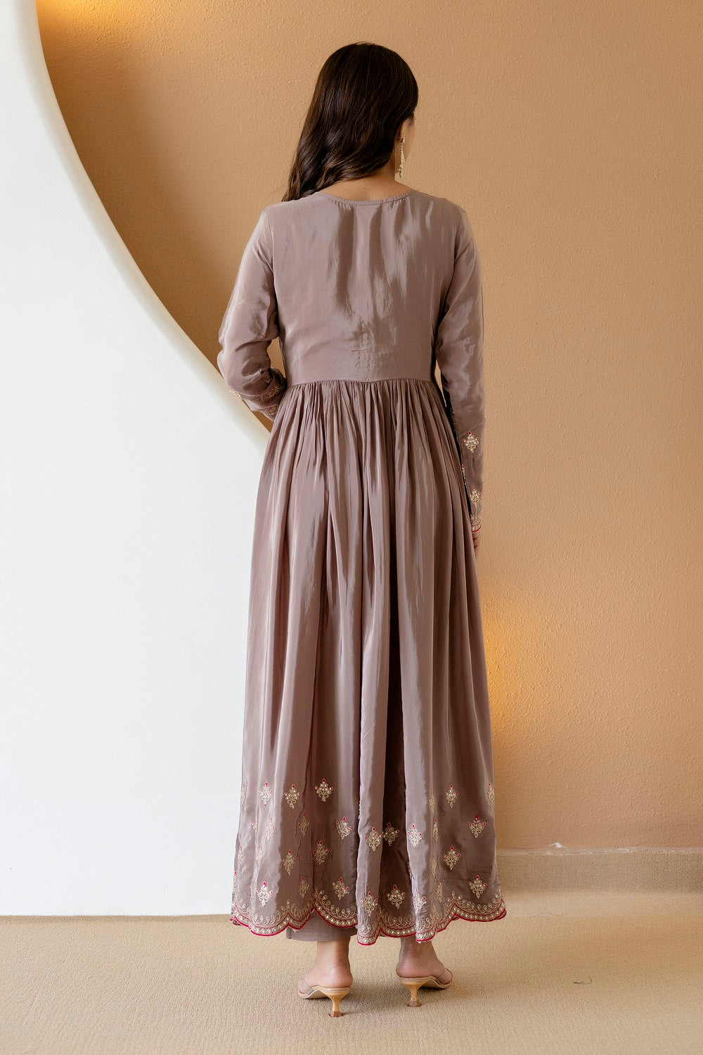 Brown Crepe Frock Kurti 3 Pieces Set