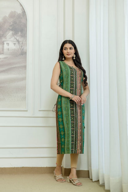 Green Rayon Handwork Straight Cut Kurti