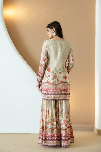 Buff Silk Kurti Sharara 3 Pieces Set