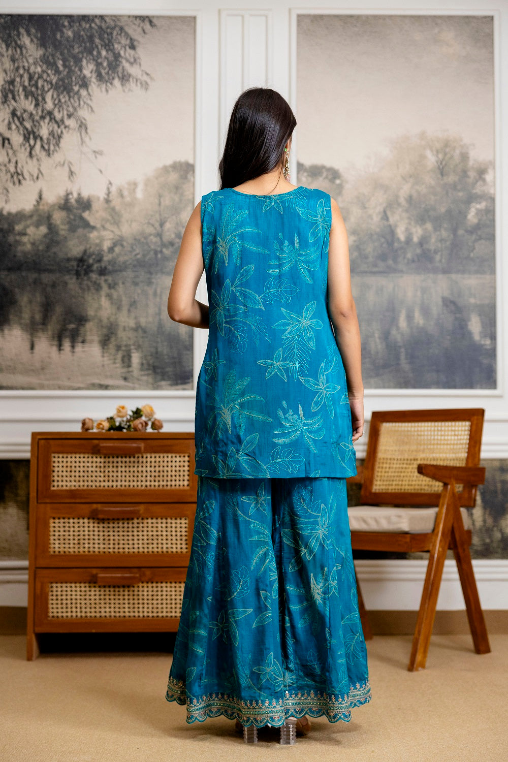 Rama Green Chinon Garara Kurti 3 Pieces Set