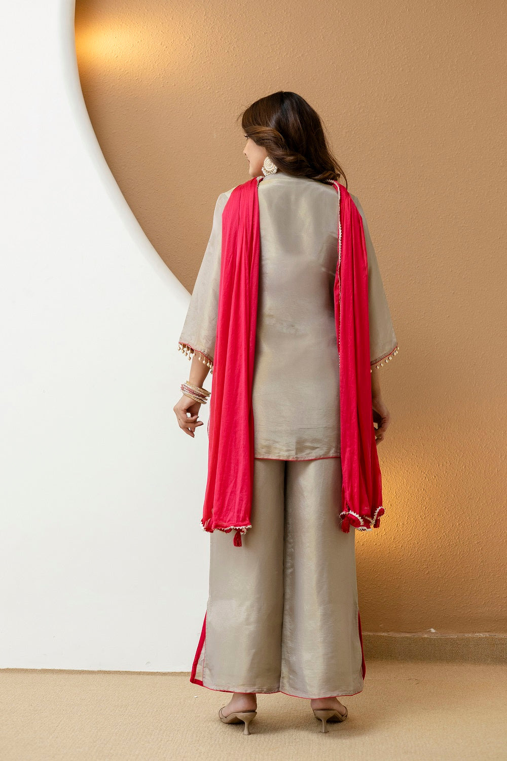 Grey Shimmer Plazo Kurti 3 Pieces Set