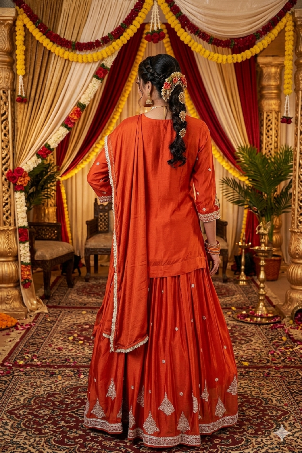 Rust Chinon Kurti With Skirt