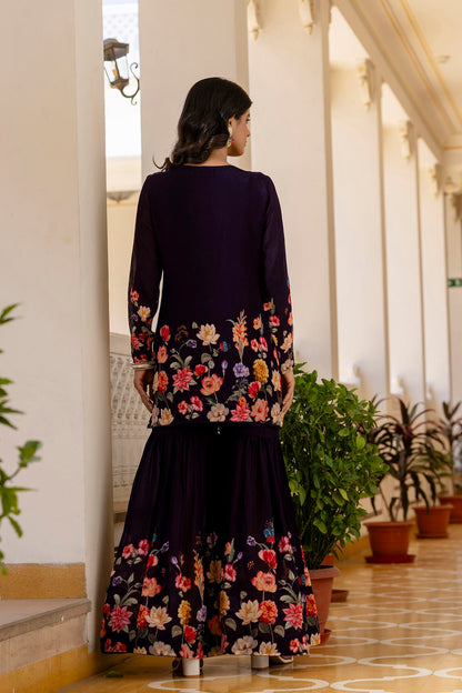 Dark Violet Chinon Short Kurti 3 Pieces Set