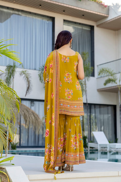 M Green Crepe Sharara Kurti 3 Pieces Set