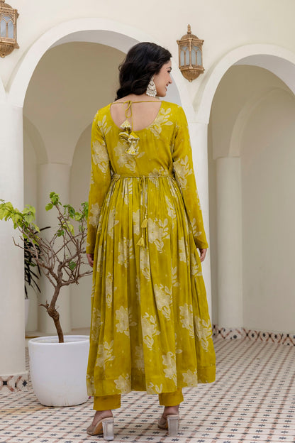 M Green Chinon Frock Kurti 3 Pieces Set