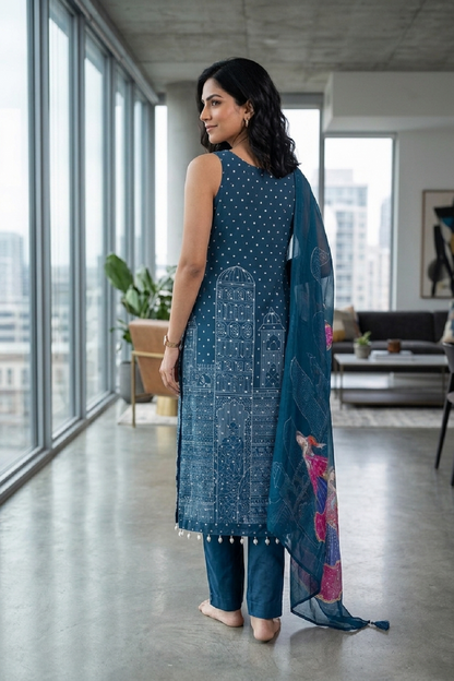 Peacock Blue Chinon Kurti Pant 3 Pieces Set