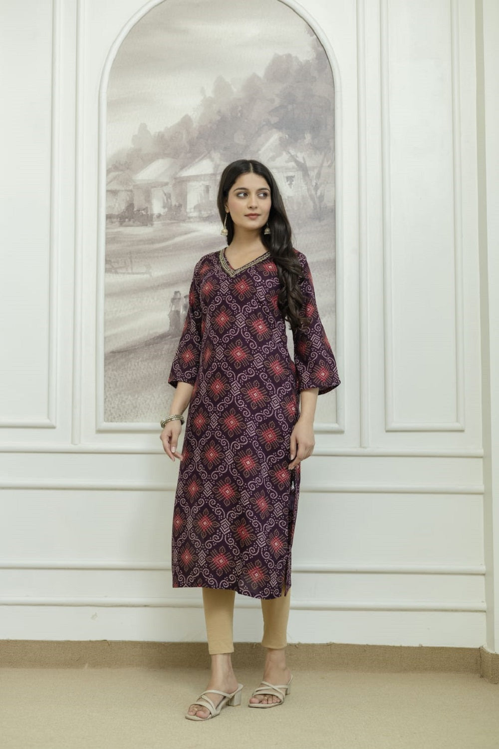Wine Rayon Handwork Straight Cut Kurti