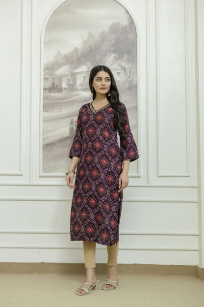 Wine Rayon Handwork Straight Cut Kurti