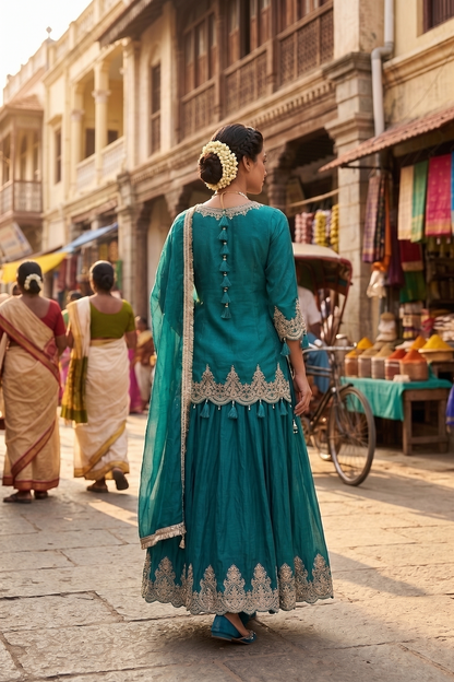 Rama Green Fendi Skirt Kurti 3 Pieces Set