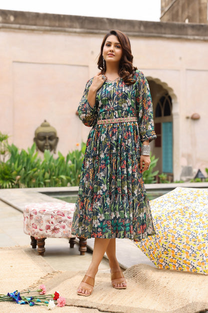 Bottle Green Chinon Printed Frock