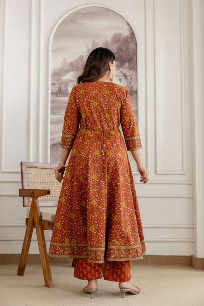 Rust Cotton Kurti Frock 3 Pieces Set