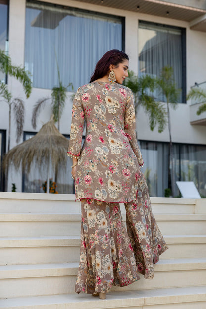 Brown Chinon Garara Kurti 3 Pieces Set
