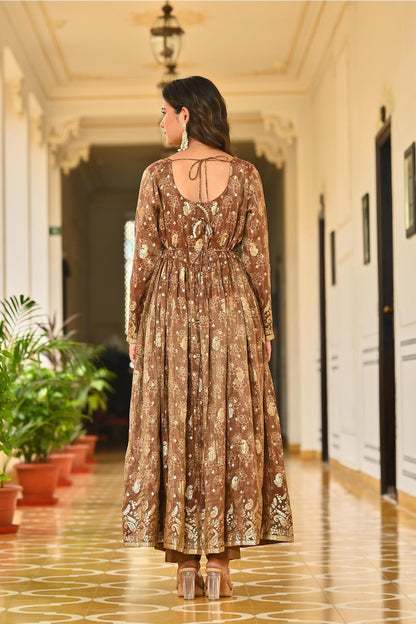 Brown Shimmer Frock Kurti 3 Pieces Set