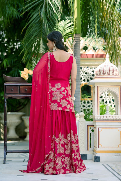 Reddish Pink Chinon Skirt Kurti 3 Pieces Set