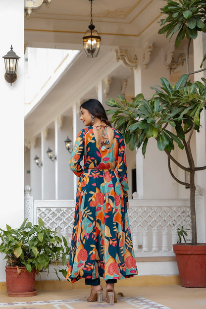 Peacock Blue Frock Kurti Pant Dup Set