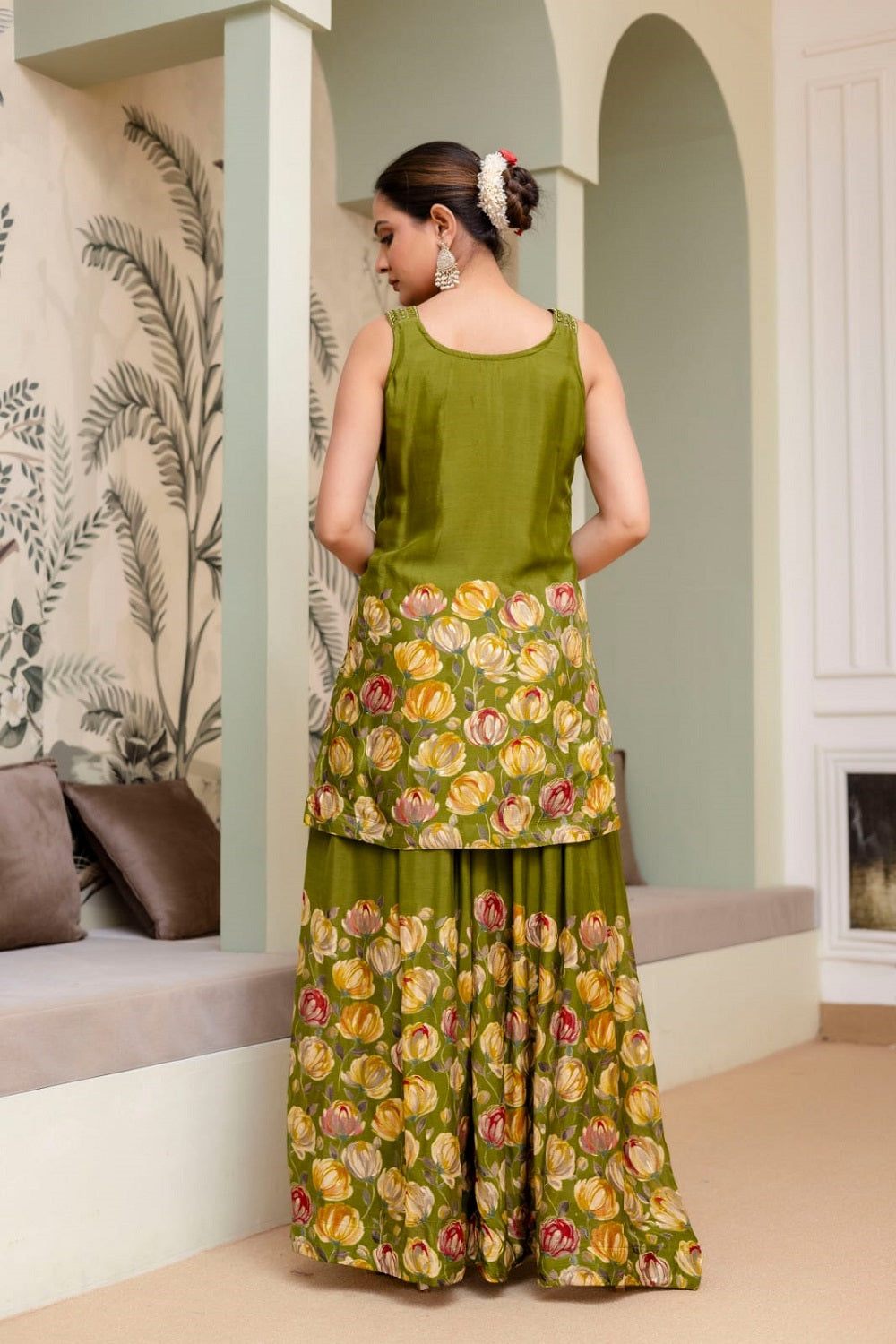 M Green Silk Kurti Sharara 3 Pieces Set