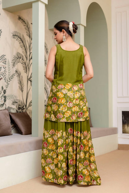 M Green Silk Kurti Sharara 3 Pieces Set