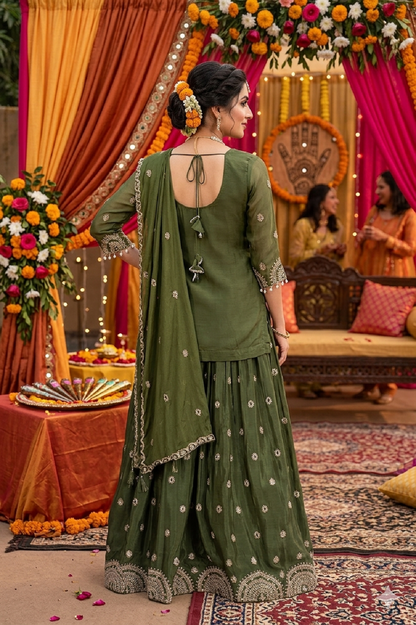 M Green Chinon Short Kurti 3 Pieces Set