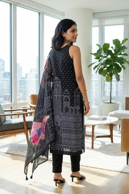 Black Chinon Kurti Pant 3 Pieces Set