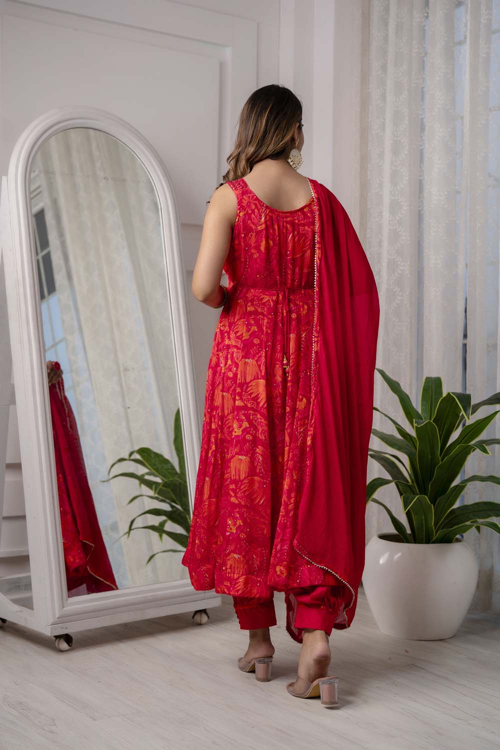 RED PARTYQUEEN KURTI FROCK PANT WITH DUPATTA SET