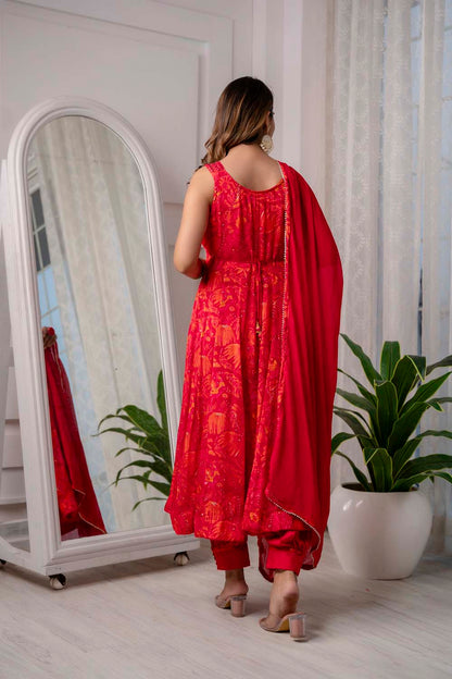 RED PARTYQUEEN KURTI FROCK PANT WITH DUPATTA SET