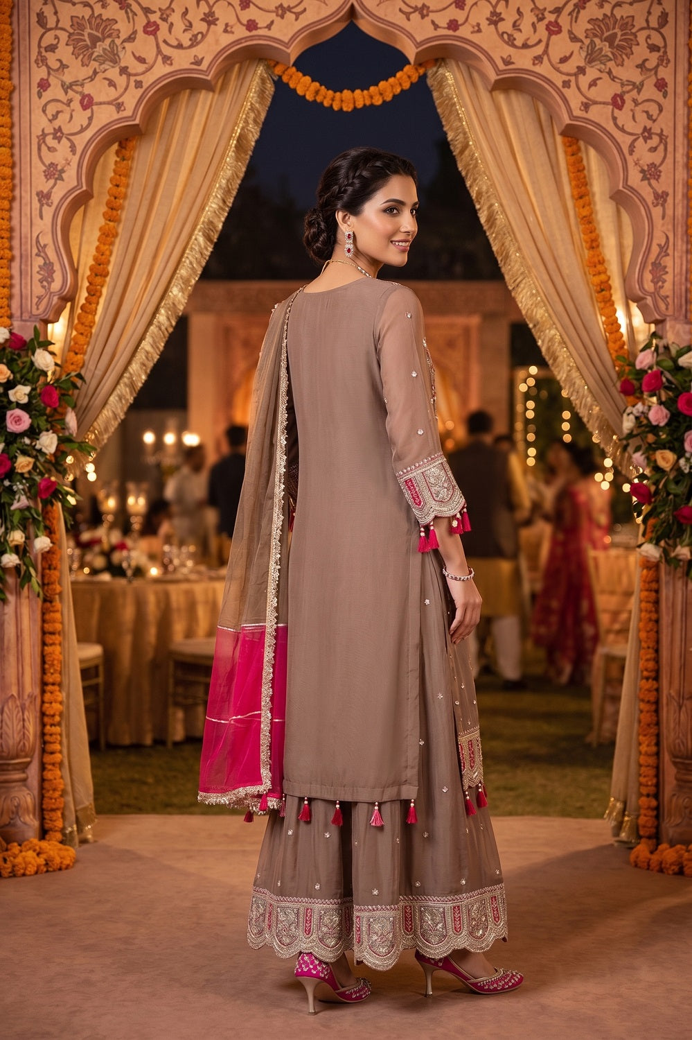 Brown Chinon Skirt Kurti 3 Pieces Set